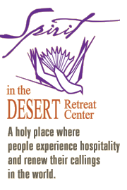 Text reads: "Spirit in the Desert Retreat Center: a holy place where people experience hospitality and renew their callings in the world." The word "Spirit" is in purple; a dove outlined in purple swoops down, between the words "Spirit" and "in the Desert Retreat Center."