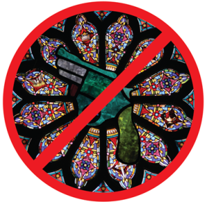 [Image description: a red outline of a circle with a red slash through it; inside the circle is a depiction of a stained glass window like the ones seen in churches and cathedrals. In the center of the circle is a six-shooter handgun.]