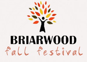 Off-white background, logo of a tree with yellow, orange, red, and dark brown leaves; the trunk of the tree resembled the silhouette of a person with their arms up in celebration. Text reads "Briarwood Fall Festival."